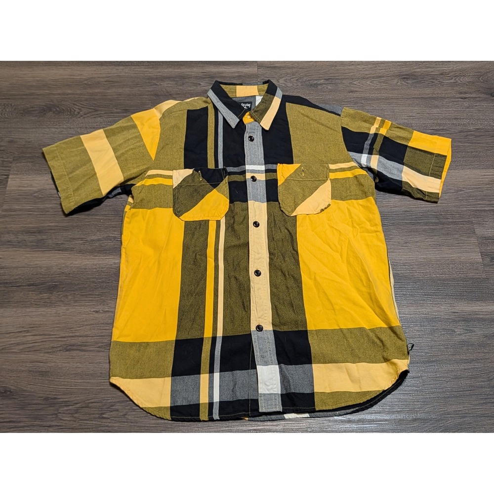 Stussy Mens Short Sleeve Plaid Button Up Shirt Yellow Black Olive Medium